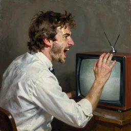 portrait of jay bauerman yelling at a tv, oil on canvas by william sidney mount, trending on artstation