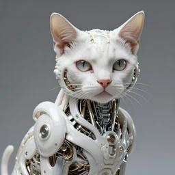 baroque, cat by iris van herpen, white biomechanical details, epic bionic cyborg cat implants, masterpiece, intricate, biopunk, vogue, highly detailed, artstation, concept art, cyberpunk, octane render