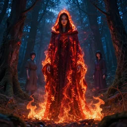 a full body portrait of a mysterious goddess with a very long hooded cloak made of fire and embers in a forest at dusk, by maciej kuciara and jason chan and makoto shinkai and dan mumford, ominous, cosmic horror, trending on artstation, ultra detailed, hyper realistic 4 k, volumetric light, vibrant colors