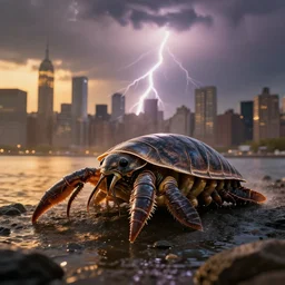 tardigrade attacking new york, dramatic lightning, golden hour, cinematic