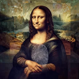 identity calibrated into a fingerprint, abstract art in the style of cubism and lenardo da vinci,