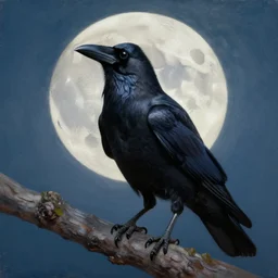 a hyper-detailed oil portrait of a crow on a tree in front of the full big moon; an extraordinary masterpiece!!!; flawless; proud posture; photorealistic eyes; trending on artstation; f/1.4; 90mm