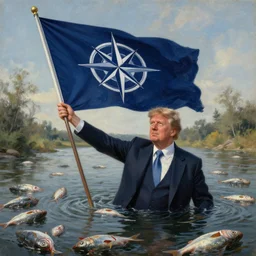 donald tusk waving a flag in a river of dead fish. flag has dark blue field charged with a white compass rose emblem, with four white lines radiating from the four cardinal directions, oil painting, 2 d hd, artstation, wallpaper, epic, graphic novel