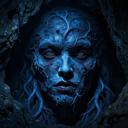 blue vines in a dark cave forming a human face, creepy, extreme detail