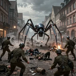 spider robots terrorise streets of weimar germany and attack freikorps soldiers and civilians, intense heavy street battle, pile of bodies, art by greg rutkowski and jakub rozalski