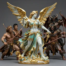 high intricate porcelain baroque angelic warrior fighting the army of the demon lord, 8 k, hyperrealistic hyperdetailed gold and turquoise maria panfilova, andrea savchenko, mike kime, ludovic plouffe, qi sheng luo, oliver cook, trending on artstation