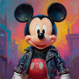 portrait of a scifi apocalyptic demonic mickey mouse biker character, cool pose, psychedelic vibrant colors, futuristic punk rock fashion, oil painting by michael whelan art, sharp focus, realistic, detailed eyes, 8 0 s, studded leather jacket, 8 k