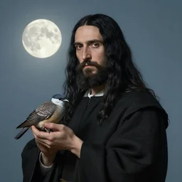 portrait of a man with long black hair and beard holding a bird in his hands, full moon in the background, fine portrait, beautiful, concept art, by jan vermeer, style of tomer hanuka