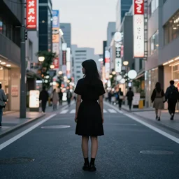 a dramatic colorful fujifilm photograph of the silhouette of a young japanese girl standing in the middle of a tranquil desolate tokyo street lit with paper lanterns and lined with blossoming ornamental cherry trees.