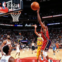 The NBA Finals, a game winning shot, in a comic book style