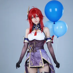 a blue balloon character with red hair cosplaying raiden from metal gear rising : revengeance