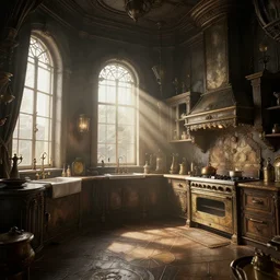 steampunk kitchen, liminal space, high detail, rendered in unreal engine, 3d render, god rays, volumetric lighting, mansion, interior, large windows, rich house