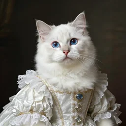 cute white cat with blue eyes wearing frilly rococo dress, baroque painting, royal portrait, regal, joseph ducreux, greg rutkowski