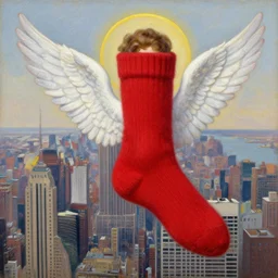 marvelous detailed portrait of a winged red cashmere sock sock sock with a halo standing above new york city. norman rockwell heorhiy narbut jessie wilcox smith beatrix potter joseph leyendecker acrylic painting