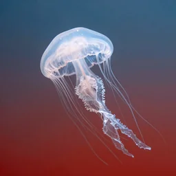 “ translucent jellyfishes in the sky over a read ocean. ”