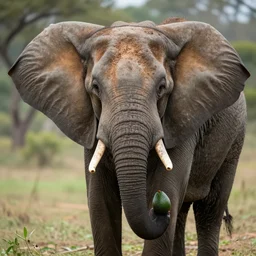 an elephant holding an avocado with its trunk, realistic,