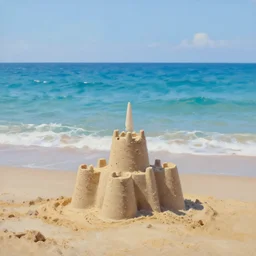beautiful ocean with sand castle on the shore, clear sharp oil paint highly detailed ethereal, by trending on artstation