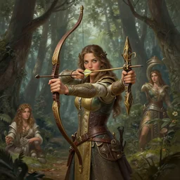 bow and arrow hunting forest godrays, deep focus, d & d, fantasy, intricate, elegant, highly detailed, digital painting, artstation, concept art, matte, sharp focus, illustration, hearthstone, art by artgerm and greg rutkowski and laura sava and alphonse mucha
