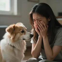 human and pet in pain but are unable to communicate to each other, soft lighting, sad moment