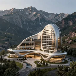 Highly realistic arch-viz render of concept art for an ultra-modern Iranian Hotel building in the mountains