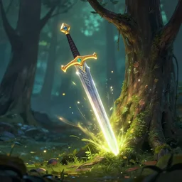 magical sword, stuck in a tree, emitting energy, in a fantasy style forest, high quality, exceptional art, trending on artstation
