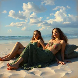 illustration studio portrait of three beautiful girl in an artistic pose resting in the beach, monet painterly motives and textures pattern, hyper detailed, octane render, vivid colors, artstation, by jeremy mann, by alphonse mucha, by monet