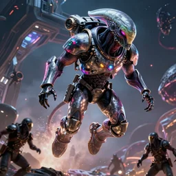 VFX movie closeup portrait of a futuristic inhuman alien spacemarines in future spaceship, leaping at monster space pirates detailed creature skin neon lighting by Emmanuel Lubezki