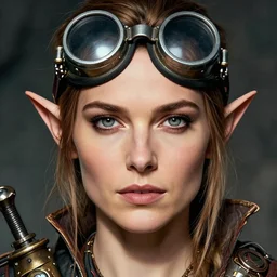 head and shoulders portrait, female artificer, gray eyes, welding goggles on forehead, emily blunt natalie portman hybrid, elf, d & d, steampunk, by donato giancola, facial detail, extremely detailed, comic book cover photo