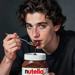 timothee chalamet eating with a spoon from a pot of nutella, close up, rim lighting, portrait, sinister atmospheric lighting. highly detailed painting by greg rutkowski, anime style
