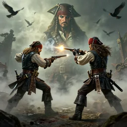 pirate duel on guns, sabers, gunpowder smoke, shooting, blood, fog, birds, portrait 4 / 3, dramatic, digital art, fantasy, octane render, unreal engine, high detail, artstation, greg rutkowski, fantasy duel, high detail, very realistic, by greg rutkowski, by james gurney ultra clear detailed