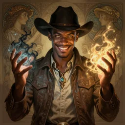 handsome young African-American cowboy with a smirk and glowing eyes holding dark and light magic in both hands, volumetric lighting, D&D, fantasy, intricate, cinematic lighting, highly detailed, digital painting, artstation, concept art, smooth, sharp focus, illustration, art by Greg Rutkowski and Alphonse Mucha and Jacob Lawrence