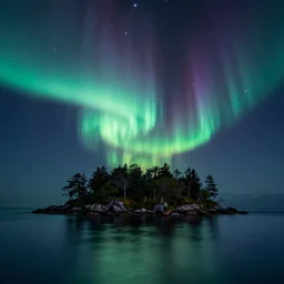a beautiful landscape painting of an island in a tranquil sea, reflections, night time, northern lights, galaxies, stars, long exposure, hyper detailed, digital art, trending in artstation, cinematic lighting, studio quality, smooth render, unreal engine 5 rendered, octane rendered, art style by kurzgesagt and nixeu and ian sprigger and wlop and krenz cushart and kim jung gi and greg rutkowski