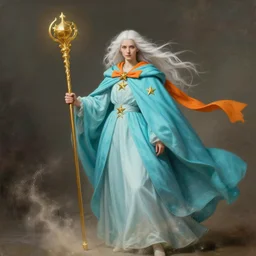 a wizard with white hair and a cyan cape, windy, orange ribbons, stars, stoic, modern maximalist fashion dress, is ( ( holding a staff ) ). light dust, magnificent, hyperdetailed, theatrical, painted by jean honore fragonard and gaston bussiere and greg rutkowski