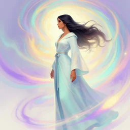side profile, maya ali, wind sorcerer, gloomhaven, dota, robes, elegant, concept art, smooth, colorful swirly magic ripples, pastel colors, by greg rutkowski, jesper ejsing, ilya kuvshinov, artgerm, mucha