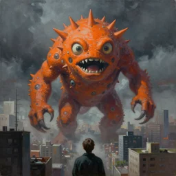 a beautiful experimental art of a large, orange monster looming over a cityscape. the monster has several eyes and mouths, and its body is covered in spikes. it seems to be coming towards the viewer, who is looking up at it in fear. acrylic painting, fast shutter speed by ettore tito, by richard hamilton gloomy, intuitive