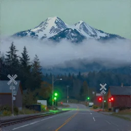impasto landscape, globs of paint, twin peaks washington, pike place, north bend, foggy, lonely!!! quiet, glowing green and red street lights, railroad crossing