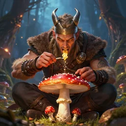 Viking eating fly agaric, 4k, artstation, cgsociety, award-winning, masterpiece, stunning, beautiful, glorious, powerful, fantasy art