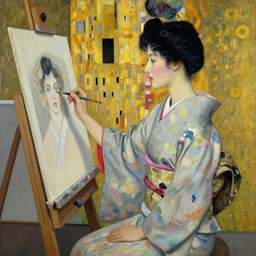 painting of a woman painting a self portrait in her art studio wearing a kimono by james jean, yukio - e, klimt