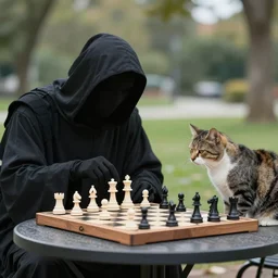 Grim reaper and cat playing chess on a park table