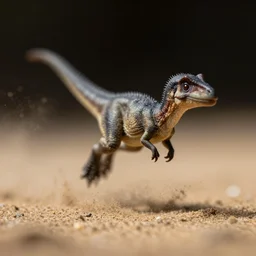 macro photo by national geographic of a tiny dinosaur jumping from below through sand, fast shutter speed, motion blur, tiny gaussian blur, insanely detailed, insanely intricate, depth of field, low contrast, wide aperture, action photography