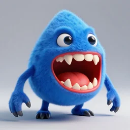 blue creature with fur, a triangular shaped head, huge bright red lips, long sharp teeth, beady black eyes, spindly limbs, photorealistic, 3 d model, unreal engine, 4 k, artstation, trending