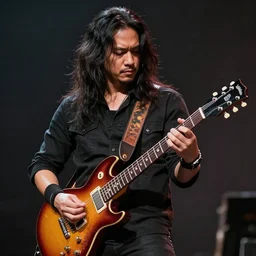 a malaysian man with long hair playing electric guitar, very beautiful, artstation, high quality, sharp, hyperrealistic, dramatic lighting, loose brush strokes, by greg rutkowski, by artgerm, by alphonse mucha