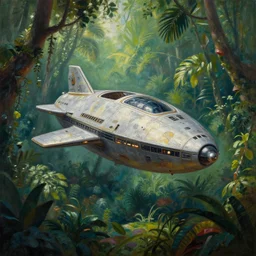 a beautiful painting of odysseus spaceship in a lush jungle, ray traced lighting by kalin popov and greg rutkowski