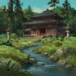 temple garden near a stream by the countryside, evening, highly detailed, low angle view, studio ghibli, artstation
