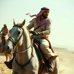 one arab rider wearing a keffiyeh riding from left to right wide shot, cinematic, concept art, artstation ultra real, 4 k, highly detail