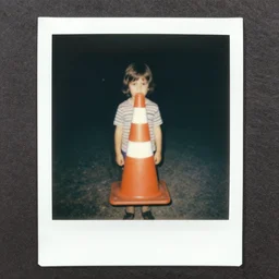vintage polaroid of a kid dressed as a traffic cone for Halloween 1978