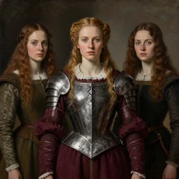 portrait of medieval swedish woman wearing maroon power armor with steel overbust corset. intricate painting by ross tran, magali villeneuve, and jeremy mann.