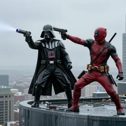 Darth Vader pointing a tommy gun at Deadpool, epic fight scene on the top of a skyscraper, rainy day, 4k high quality movie scene,