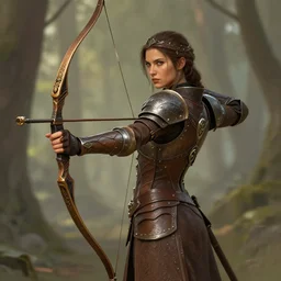 Female forest archer, ornamental longbow, retro-futuristic armor, beautiful detailed face, brown armor, DND, D&D, matte painting, retro futurism, artstation