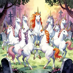 comic book image of a group of thirteen unicorns dancing on a graveyard, water color, vibrant colors, art of jack kirby
